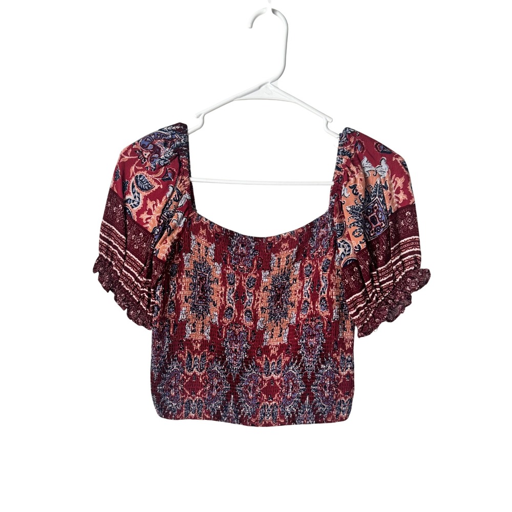Coco + Jaimeson Red Paisley Smocked Crop Top Square Neck Puff Sleeve CW2595-45V